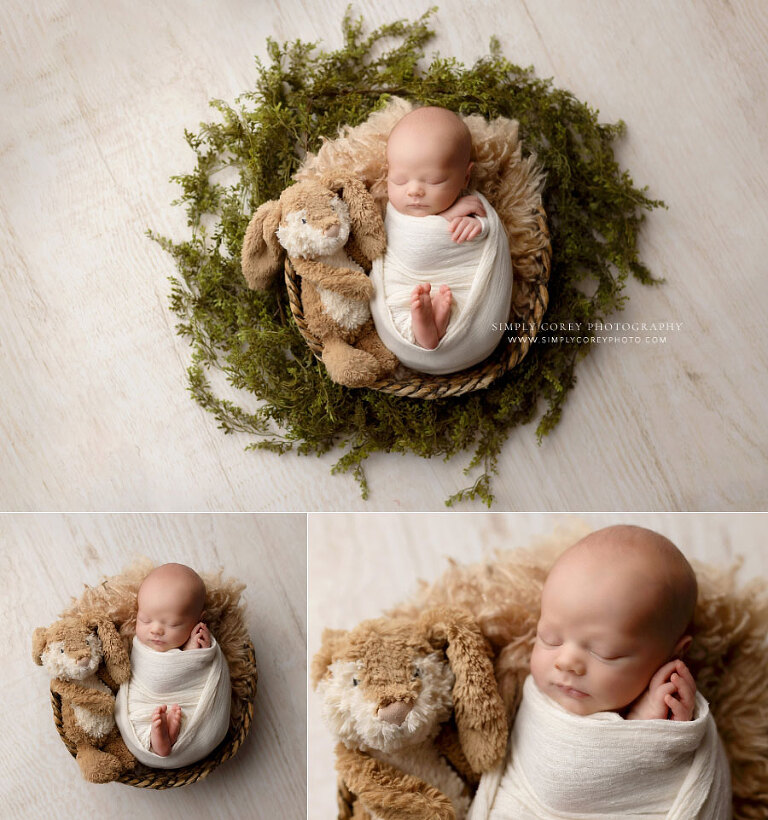 Newnan newborn photographer, baby boy in ivory wrap with bunny in basket