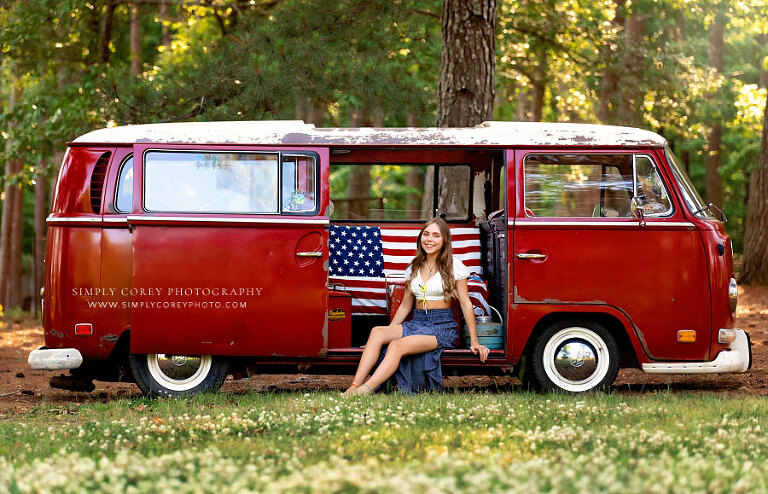 Atlanta senior portrait photographer, teen girl in boho skirt with VW Bus