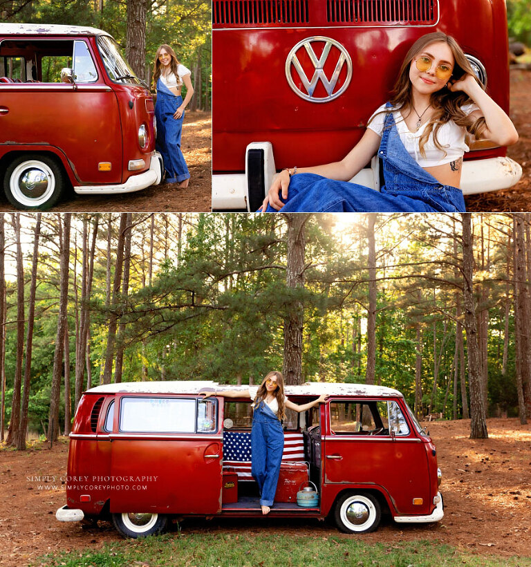 Bremen senior portrait photographer, teen girl outside with overalls and VW Bus