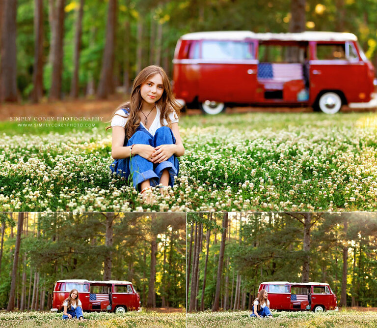 Carrollton senior portrait photographer in GA, teen girl with flowers and VW Bus