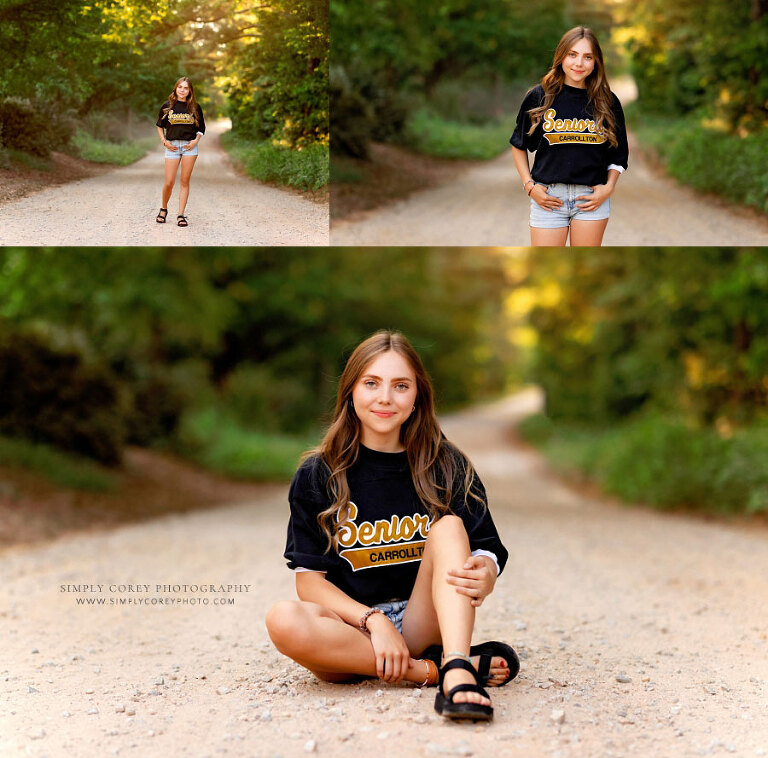 Carrollton senior portrait photographer in GA, teen outside in senior jersey