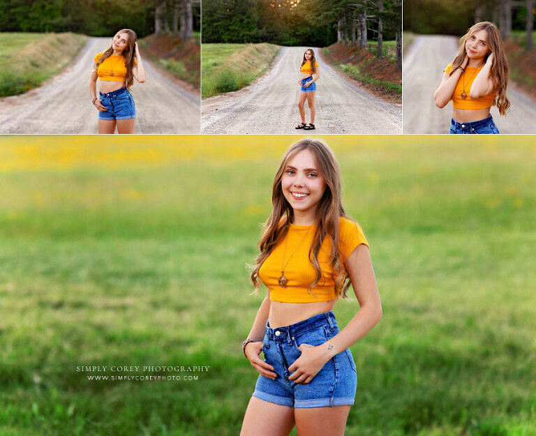 Newnan senior portrait photographer, teen girl outside in field and on country road