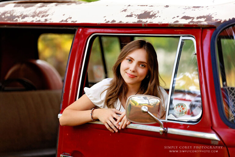 Newnan senior portrait photographer, teen girl in window of VW Bus