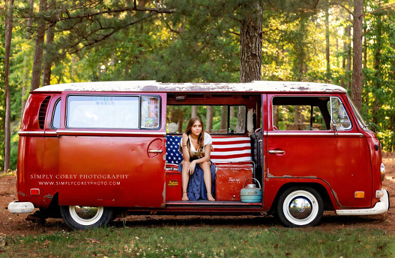 Powder Springs senior portrait photographer, teen girl outside with VW Bus
