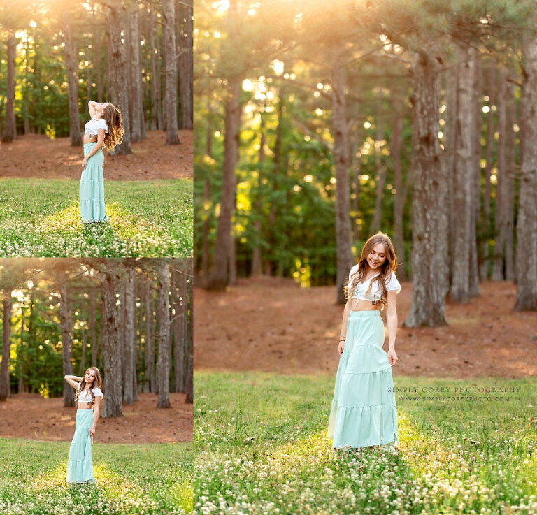 senior portrait photographer near Bremen, teen girl outside in spring with clover and sunlight