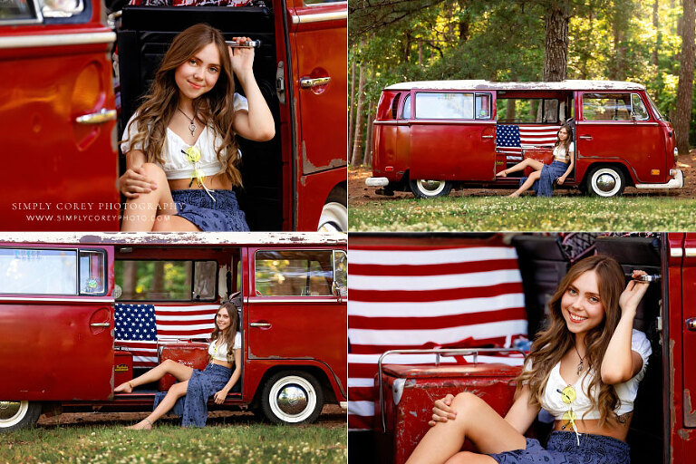 senior portrait photographer near Carrollton, GA; teen girl with red VW Bus