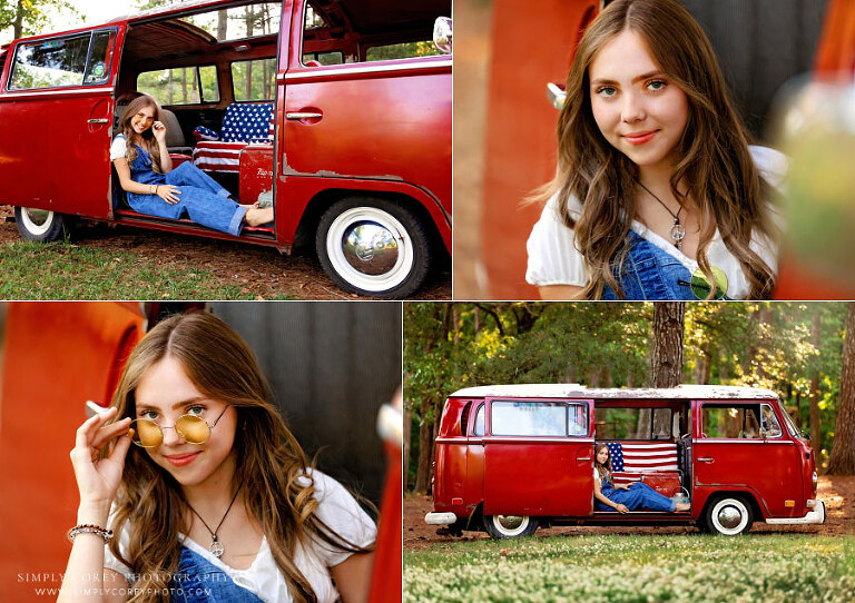senior portrait photographer near Dallas, GA; teen girl in overalls with VW Bus