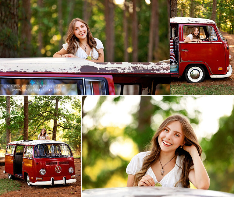 senior portrait photographer near Douglasville, teen girl with VW Bus