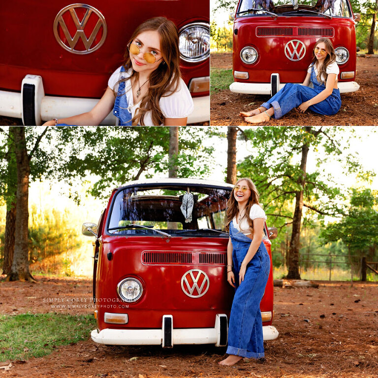 senior portrait photographer near Mableton, teen girl in overalls with red VW Bus