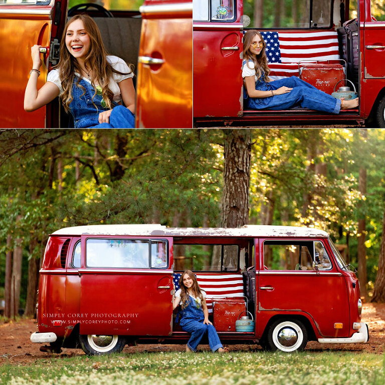 senior portrait photographer near Peachtree City, teen girl in overalls with VW Bus