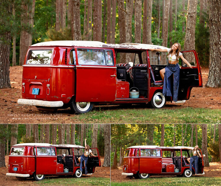 senior portrait photographer near Tyrone, teen girl in boho skirt with VW Bus