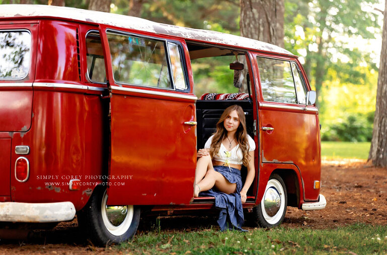 Villa Rica senior portrait photographer, teen girl outside with VW Bus