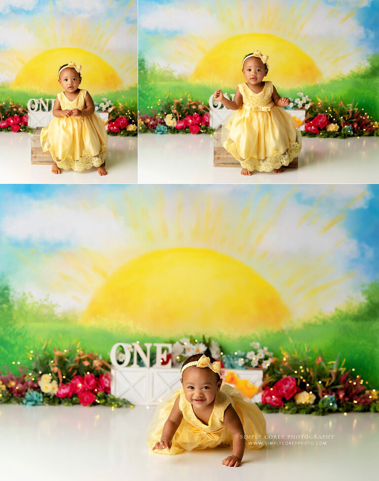 baby photographer near Dallas, GA; girl in yellow dress on colorful studio set