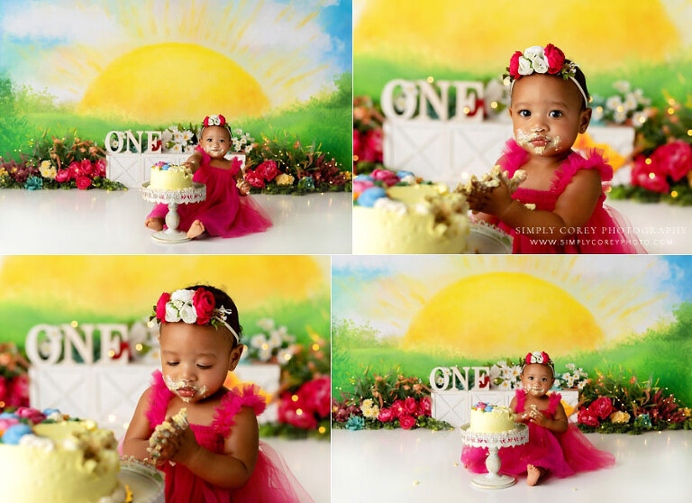 cake smash photographer near Carrollton,GA; sunshine set with vibrant colors