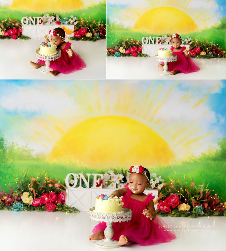 cake smash photographer near Villa Rica, baby on colorful sunshine studio set