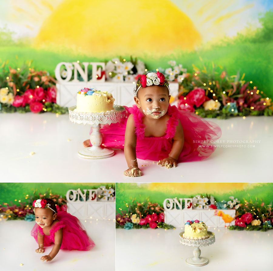 Douglasville cake smash photographer, baby on colorful sunshine set