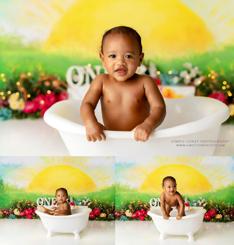 Hiram baby photographer, tub splash on sunshine set after cake smash