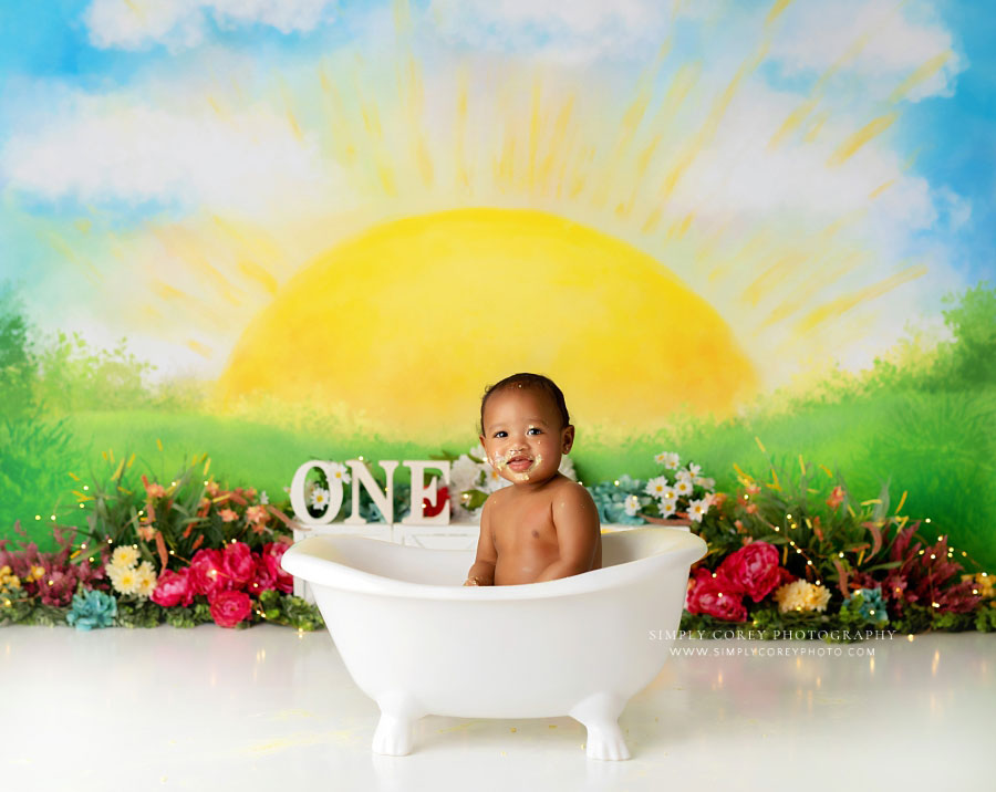 Newnan baby photographer, tub splash on sunshine set after cake smash