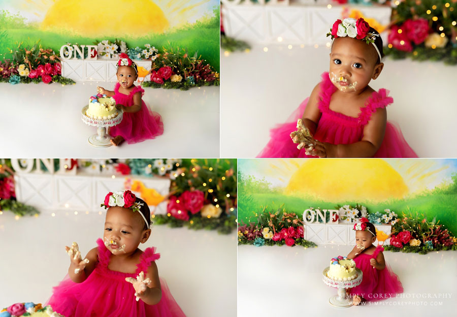 Powder Springs cake smash photographer, baby in pink dress on sunshine studio set