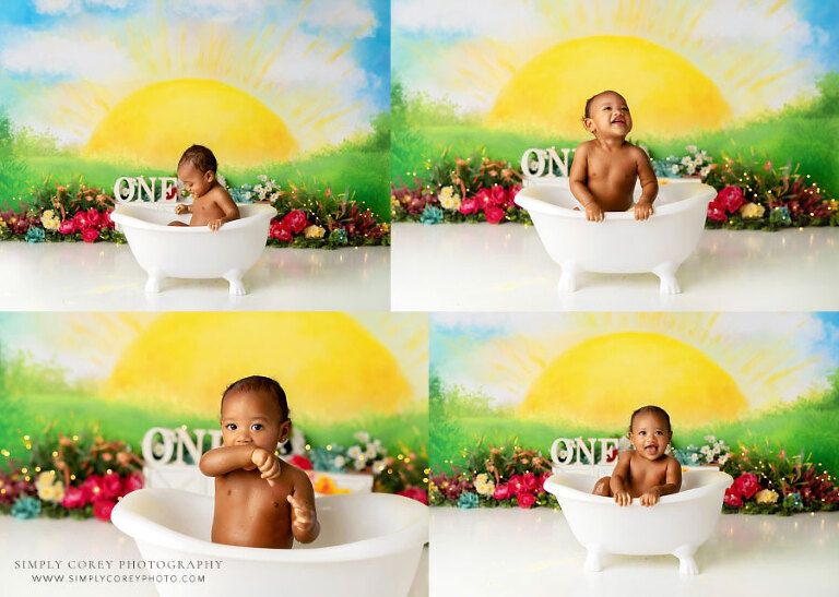 Tyrone baby photographer, tub splash after cake smash on sunshine studio set