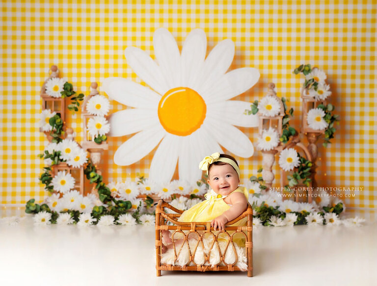 Atlanta baby photographer, six month milestone session with daisies