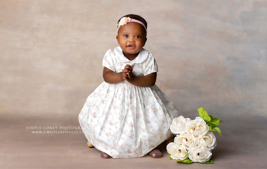 baby photographer near Mableton, one year old milestone studio portrait with flowers