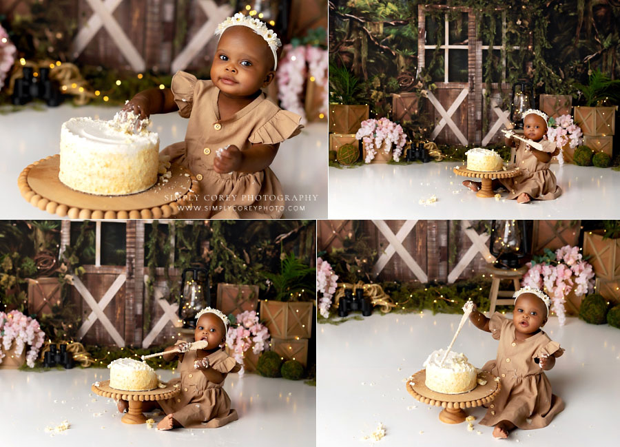 cake smash photographer near Powder Springs, baby girl on explorer studio set