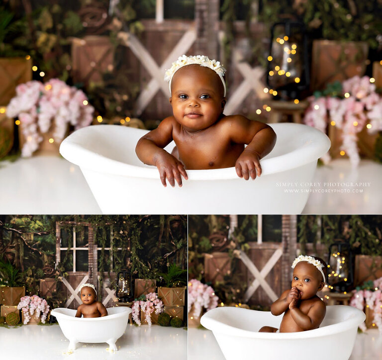 Carrollton cake smash photographer in Georgia, girl in tub for baby milestone session