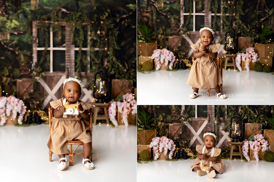 Fairburn baby photographer, girl explorer studio set with toy camera