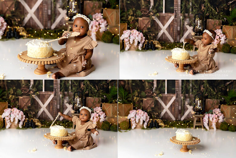 Fairburn cake smash photographer, baby girl with spoon on explorer studio set