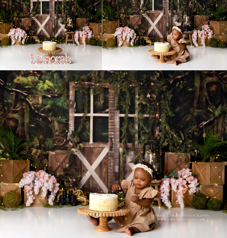 Lithia Springs cake smash photographer, baby girl on explorer studio set with flowers 
