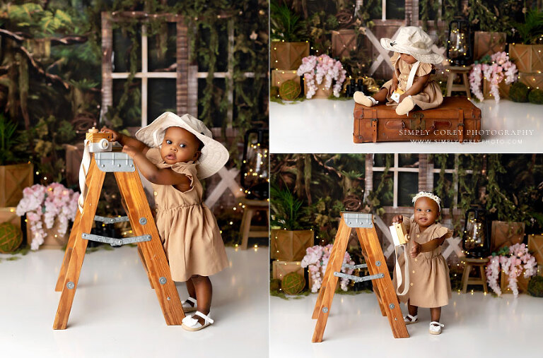 West Georgia baby photographer, girl with ladder on explorer studio set