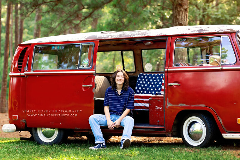 Douglasville senior portrait photographer, teen girl with red VW Bus