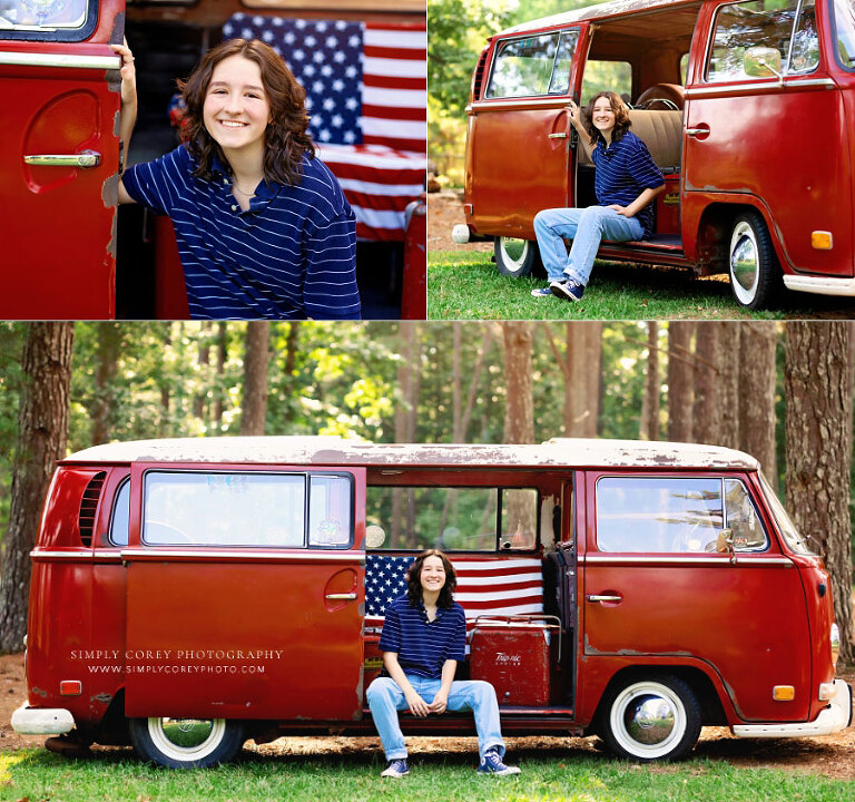 senior portraits near Carrollton, GA; teen girl outside with VW bus