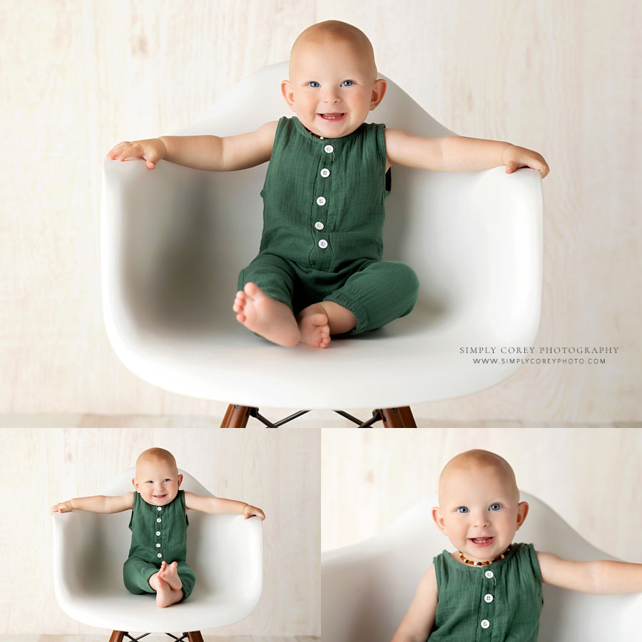 baby photographer near Mableton, 9 month old boy sitting in white chair