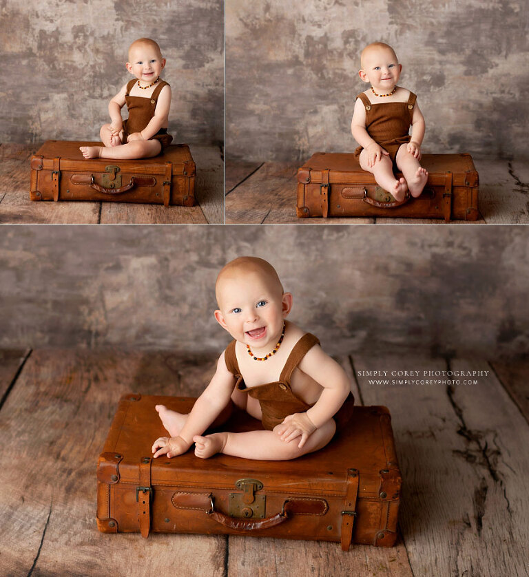 Douglasville baby photographer, boy in studio with vintage suitcase