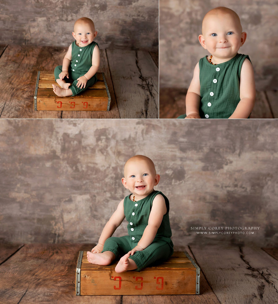 Newnan baby photographer, boy in green for nine month sitter session