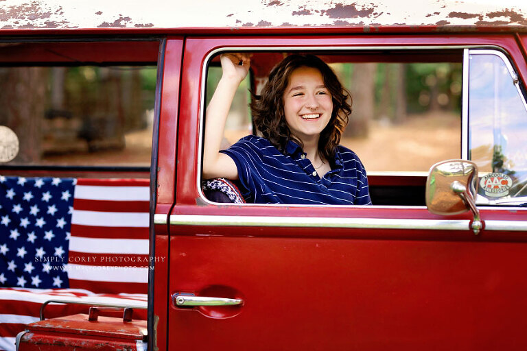 Atlanta senior portrait photographer, teen girl inside red VW bus
