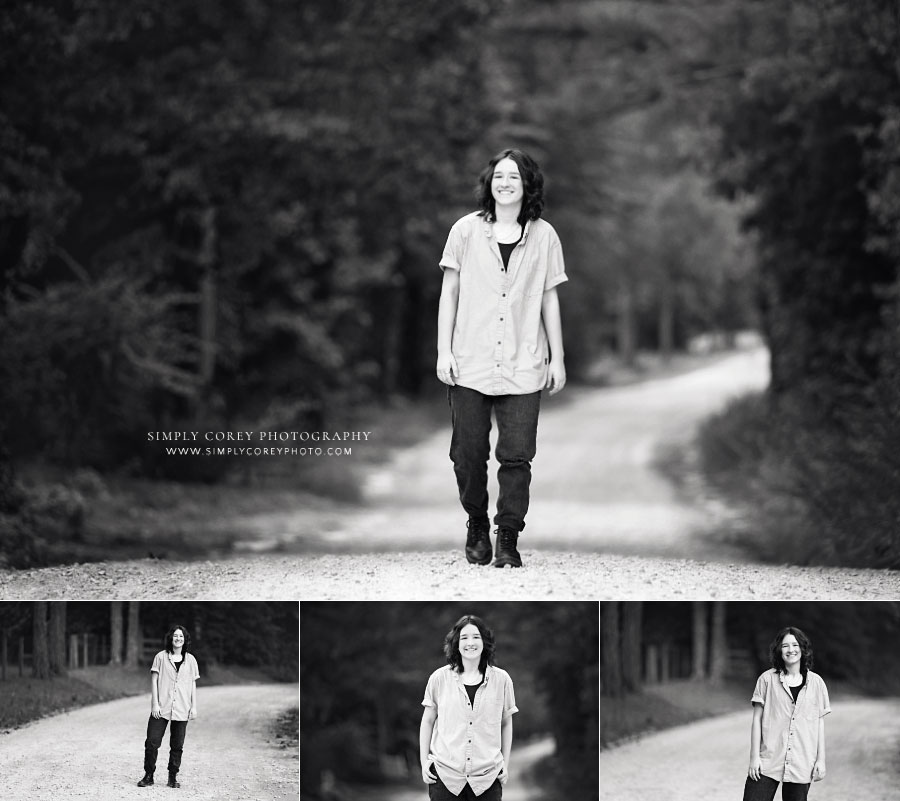 black and white outdoor senior portraits of teen girl by West Georgia photographer