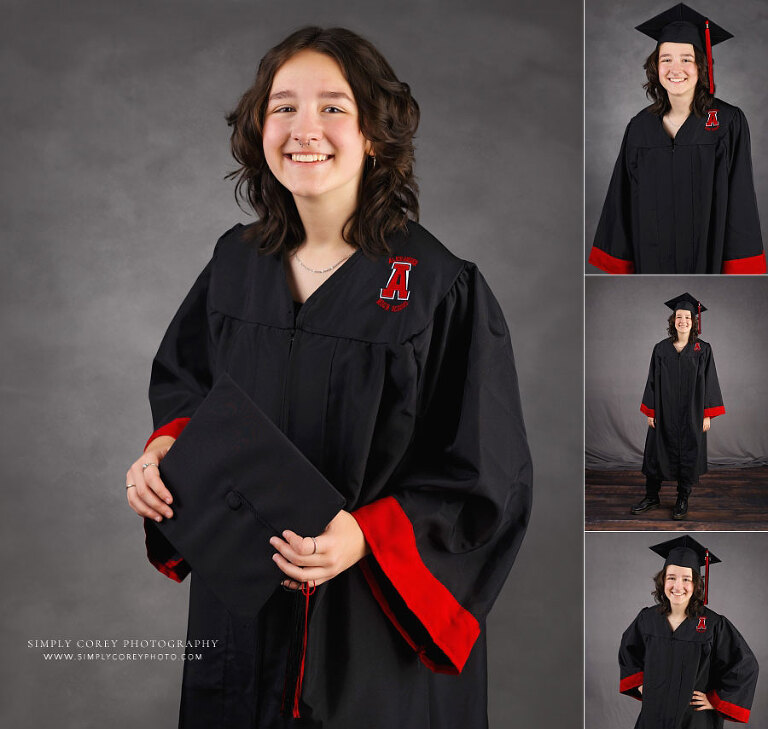 Douglasville senior portraits of teen girl in Alexander High School cap and gown in studio