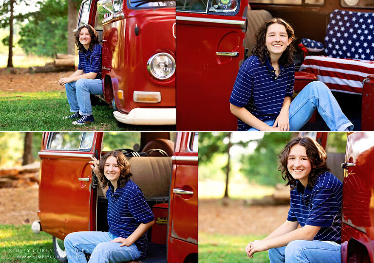 Newnan senior portrait photographer, teen outside with red VW bus 