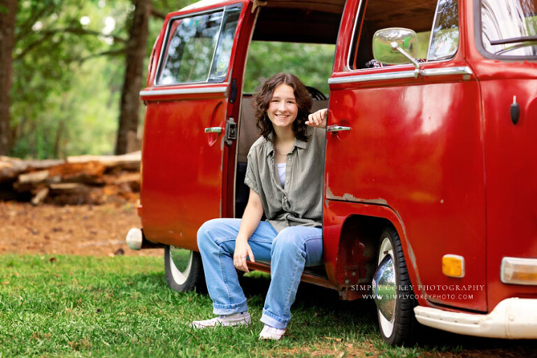 Powder Springs senior portrait photographer, teen girl outside in VW bus