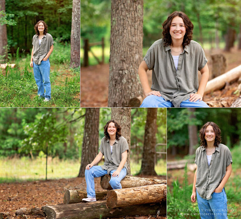 senior portrait photographer near Douglasville, teen girl outside with trees
