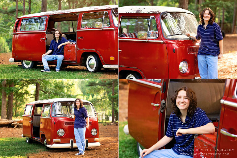 senior portraits near Bremen, teen girl outside with red VW bus