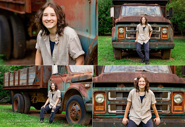 senior portraits near Newnan, teen girl outside with vintage dump truck