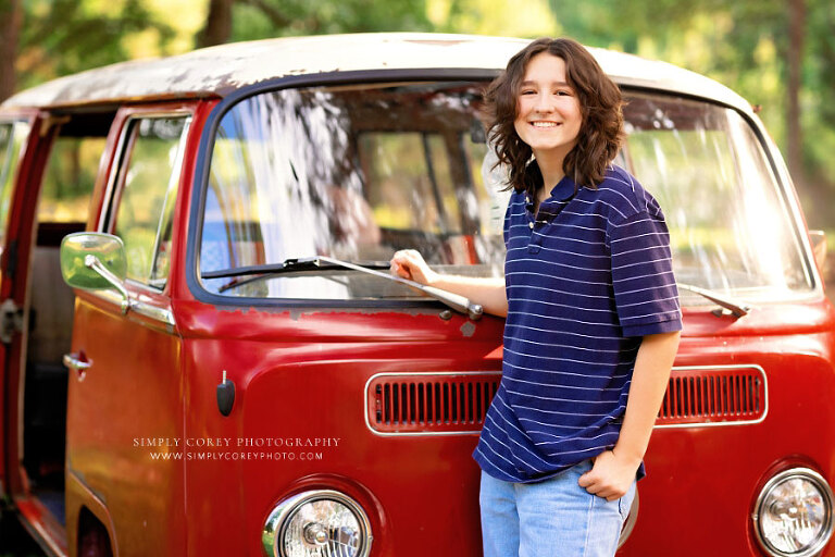 Villa Rica senior portrait photographer, teen girl in blue with VW bus