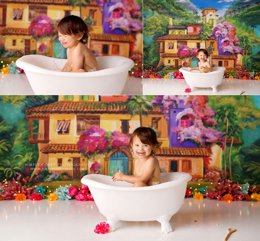 Atlanta cake smash photographer, baby in tub for splash during la casita studio session