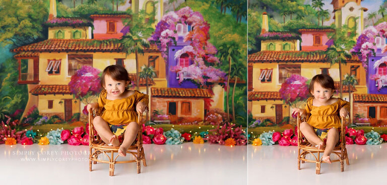 baby photographer near Dallas, GA; girl in rattan chair on La Casita studio set