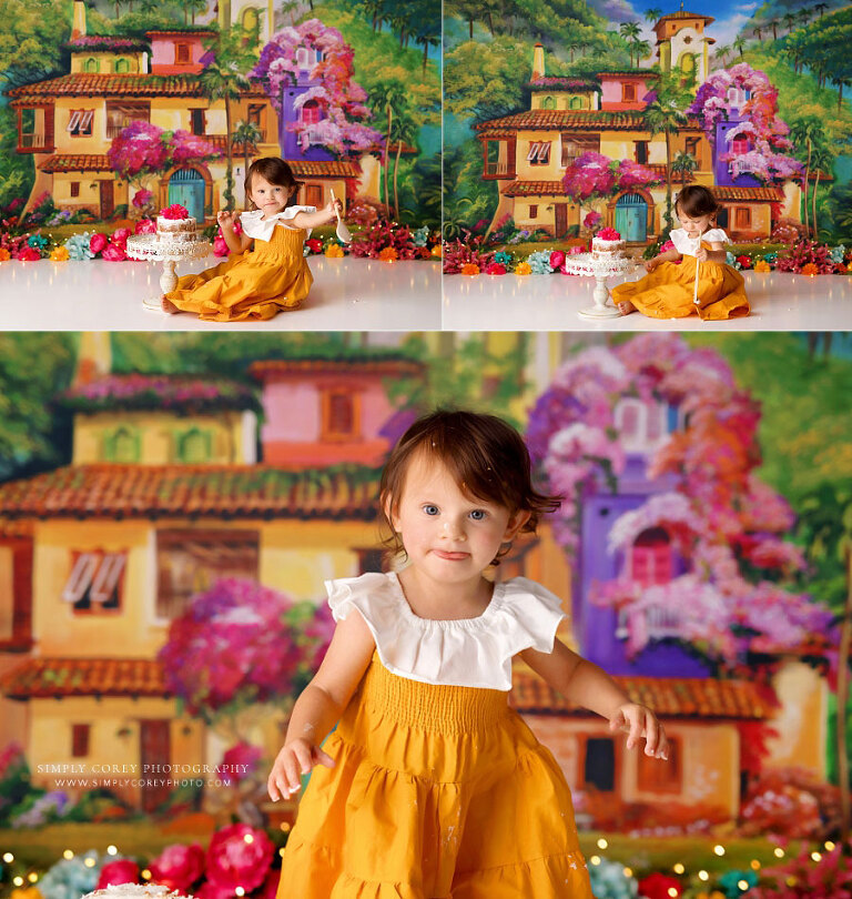 Bremen cake smash photographer, baby girl in yellow dress on la casita studio set