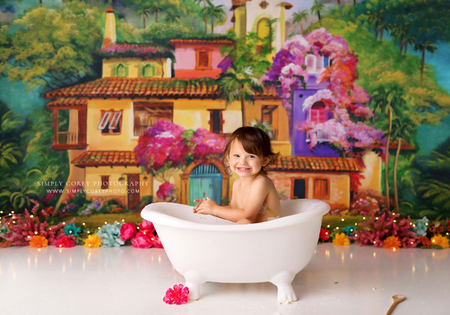 Newnan baby photographer, splash after cake smash with la casita theme